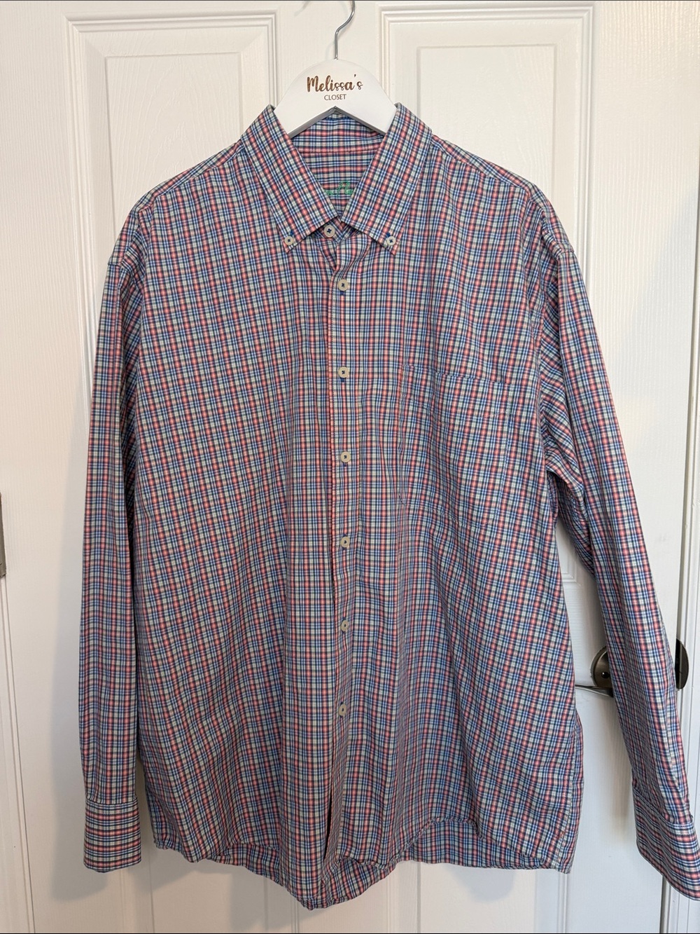 Alan Flusser Men’s XL Plaid Button Down Shirt Navy Coral Olive 100% cotton